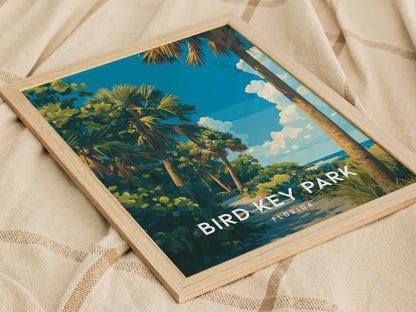 Bird Key Park, Florida Poster | Tropical Waterfront Serenity Wall Art — styled in a modern interior