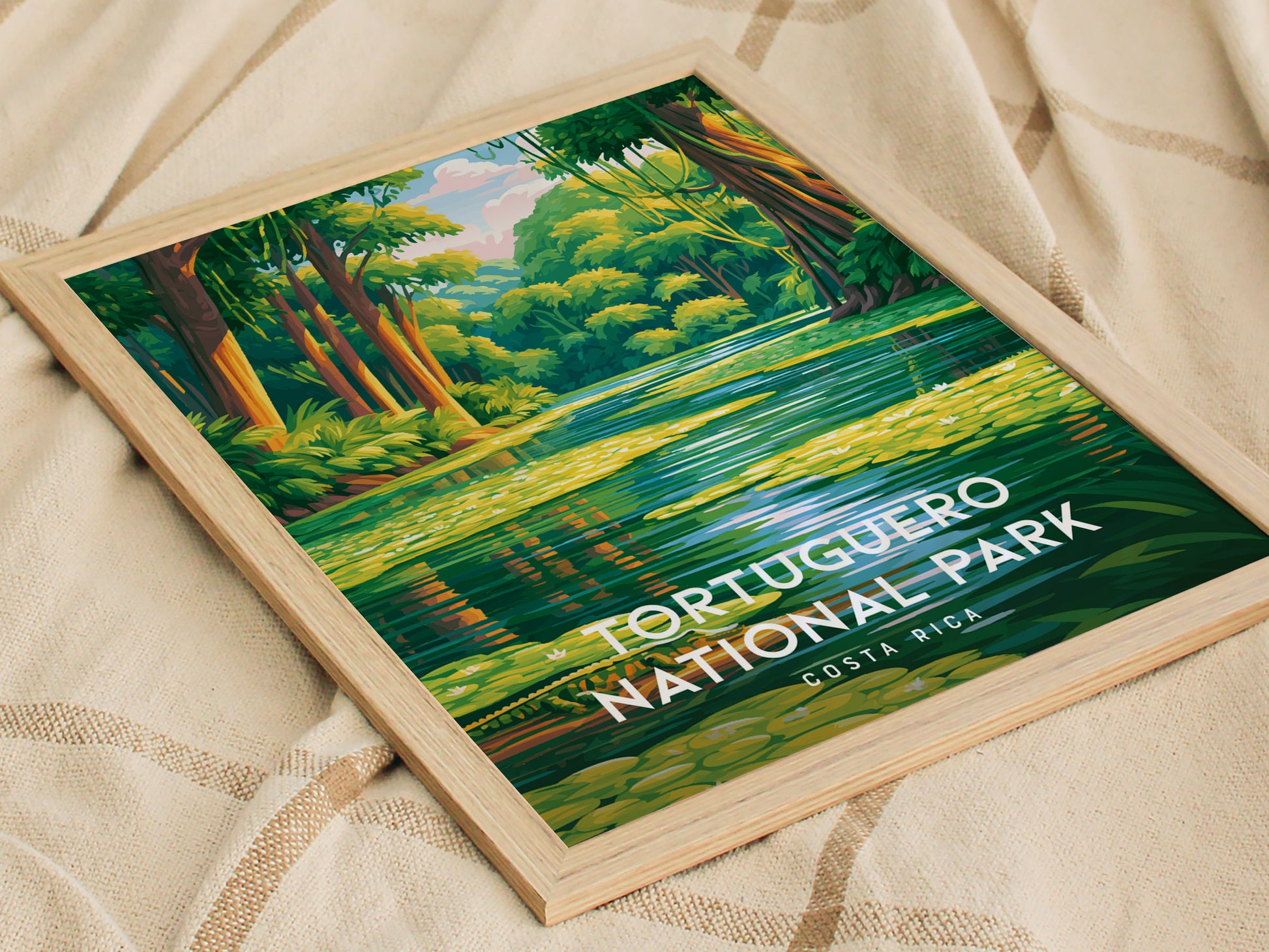 Tortuguero National Park, Costa Rica Poster | Sea Turtle & Rainforest Canal Wall Art — styled in a modern interior
