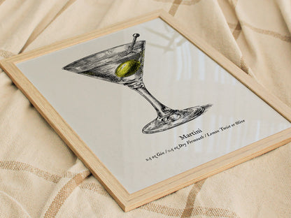 Martini Poster | Vintage Cocktail Scientific Illustration Wall Art — styled in a modern interior