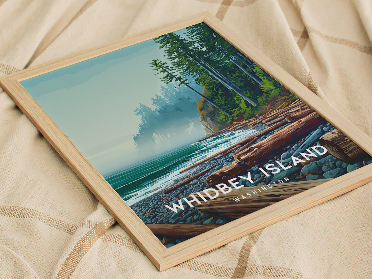 Whidbey Island, Washington Poster | Evergreen Shores & Sailboat Wall Art — styled in a modern interior