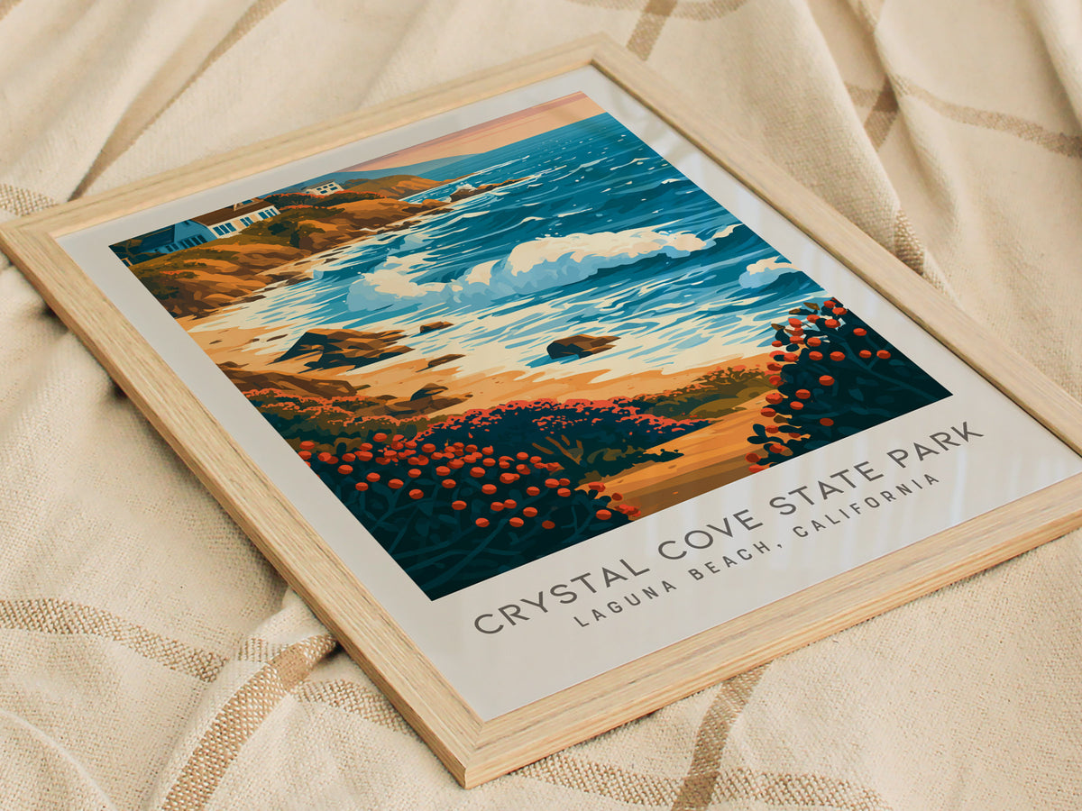 Crystal Cove State Park Matte Border Poster | Laguna Beach, California Travel Wall Art — styled in a modern interior