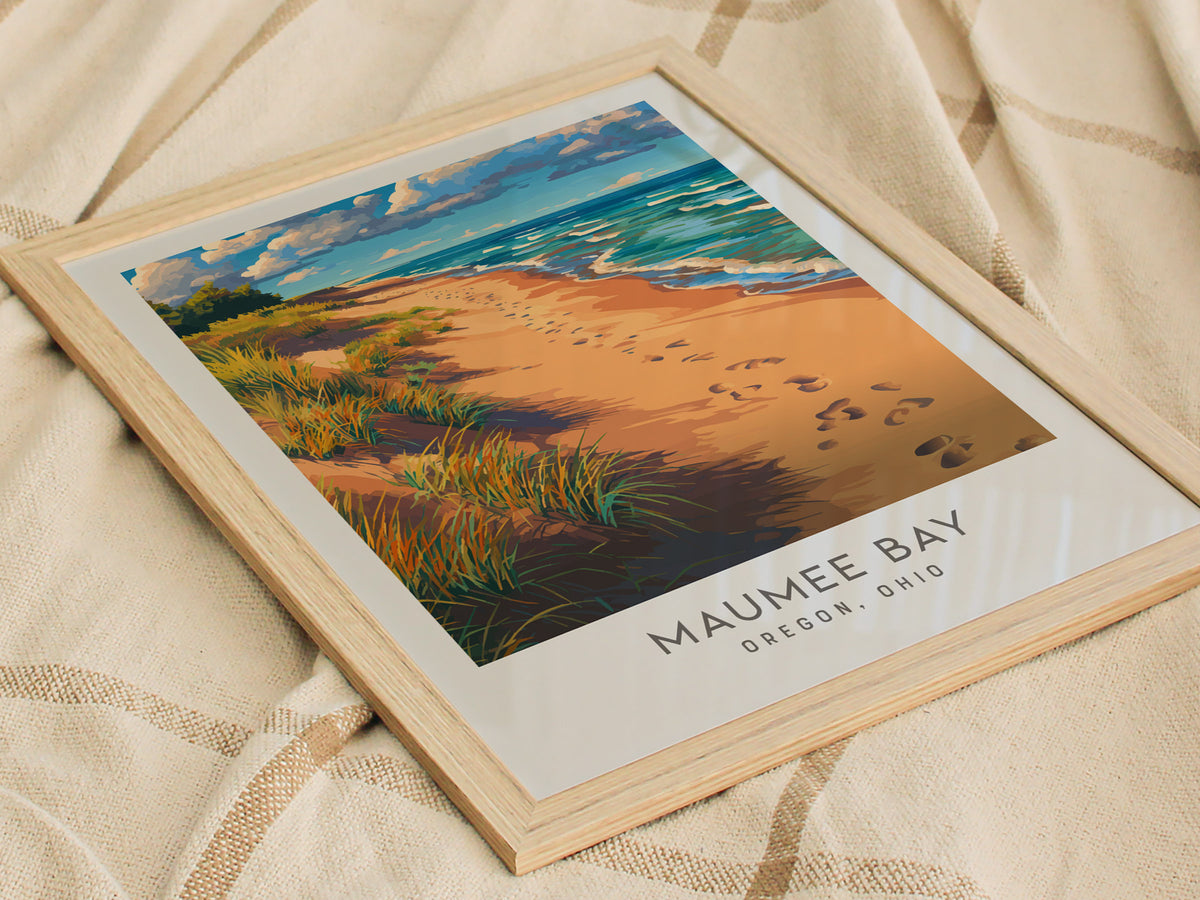Maumee Bay Matte Border Poster | Oregon, Ohio Coastal Beach Decor Travel Wall Art — styled in a modern interior