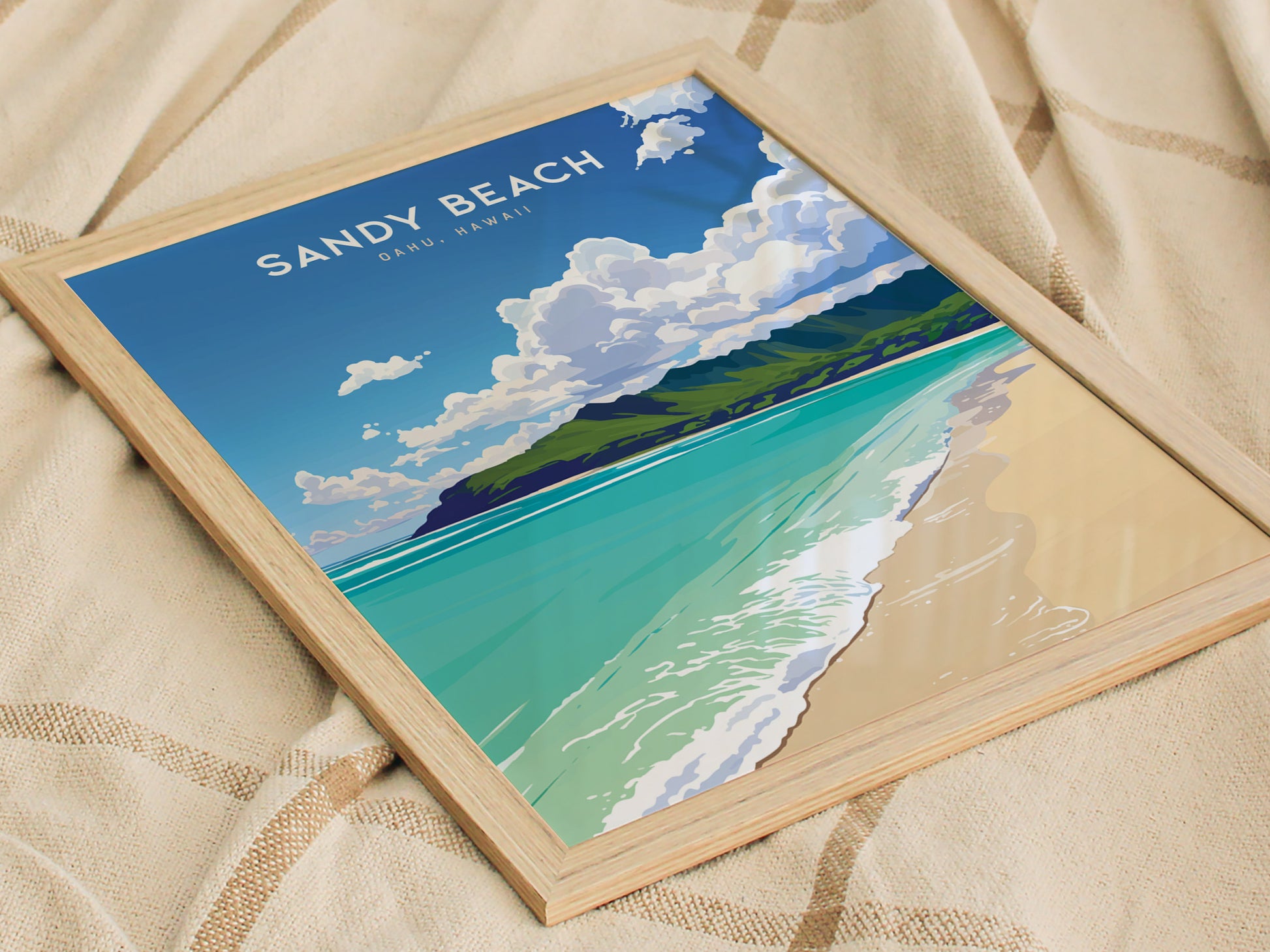 Sandy Beach Oahu Poster | Hawaii Tropical Beach Art | South Shore Print