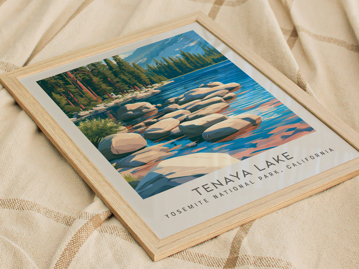 Tenaya Lake Matte Border Poster | Yosemite National Park, California Destination Print — styled in a modern interior