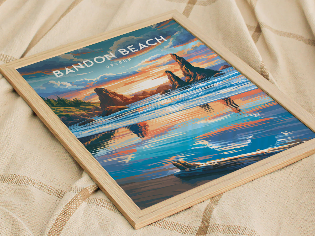 Bandon Beach, Oregon Poster | Sea Stacks & Sunset Travel Wall Art — styled in a modern interior