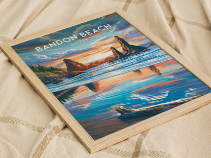 Bandon Beach, Oregon Poster | Sea Stacks & Sunset Travel Wall Art — styled in a modern interior