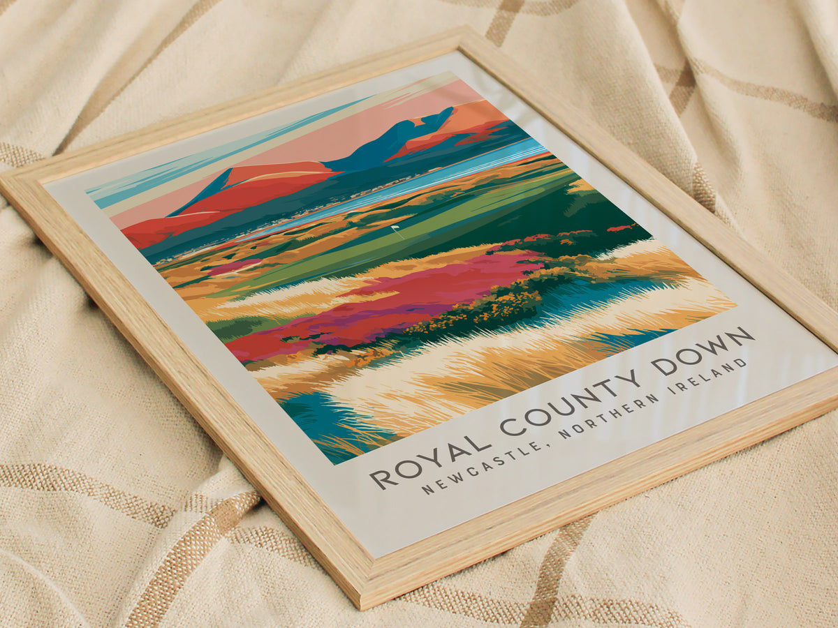 Royal County Down Matte Border Poster | Newcastle, Northern Ireland Golf Course Print Wall Art — styled in a modern interior