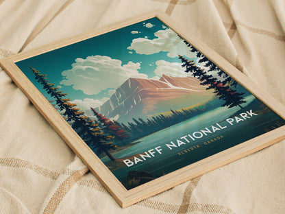 Framed Banff National Park poster featuring stylized mountains, evergreen trees, and a vibrant sky, resting on a beige textured fabric. Text reads Banff National Park, Alberta, Canada.