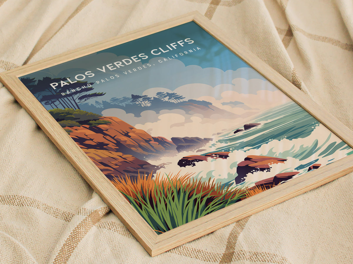 Palos Verdes Cliffs, California Poster | Dramatic Coastal Bluffs Wall Art — styled in a modern interior