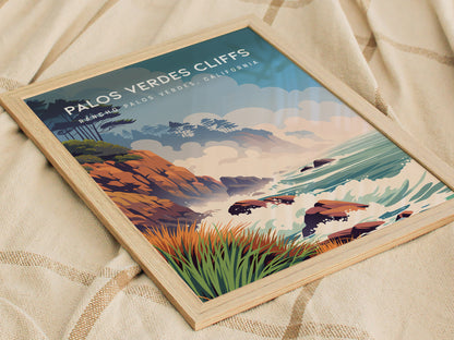 Palos Verdes Cliffs, California Poster | Dramatic Coastal Bluffs Wall Art — styled in a modern interior