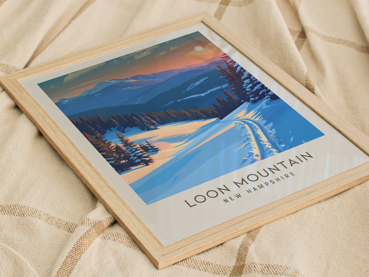 Loon Mountain Matte Border Poster | New Hampshire Travel Wall Art — styled in a modern interior