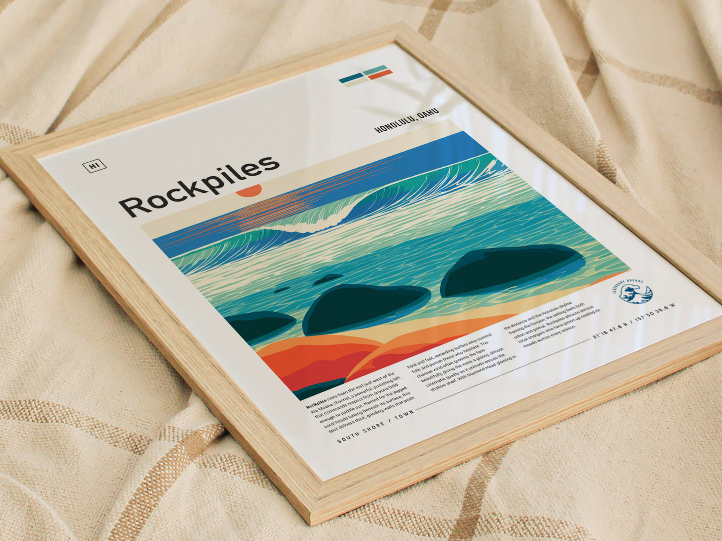 Rockpiles, Hawaii Poster | Golden Hour North Shore Surf Wall Art — styled in a modern interior