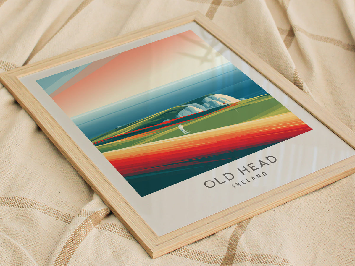 Old Head Matte Border Poster | Ireland Golf Course Print & Links Wall Art — styled in a modern interior