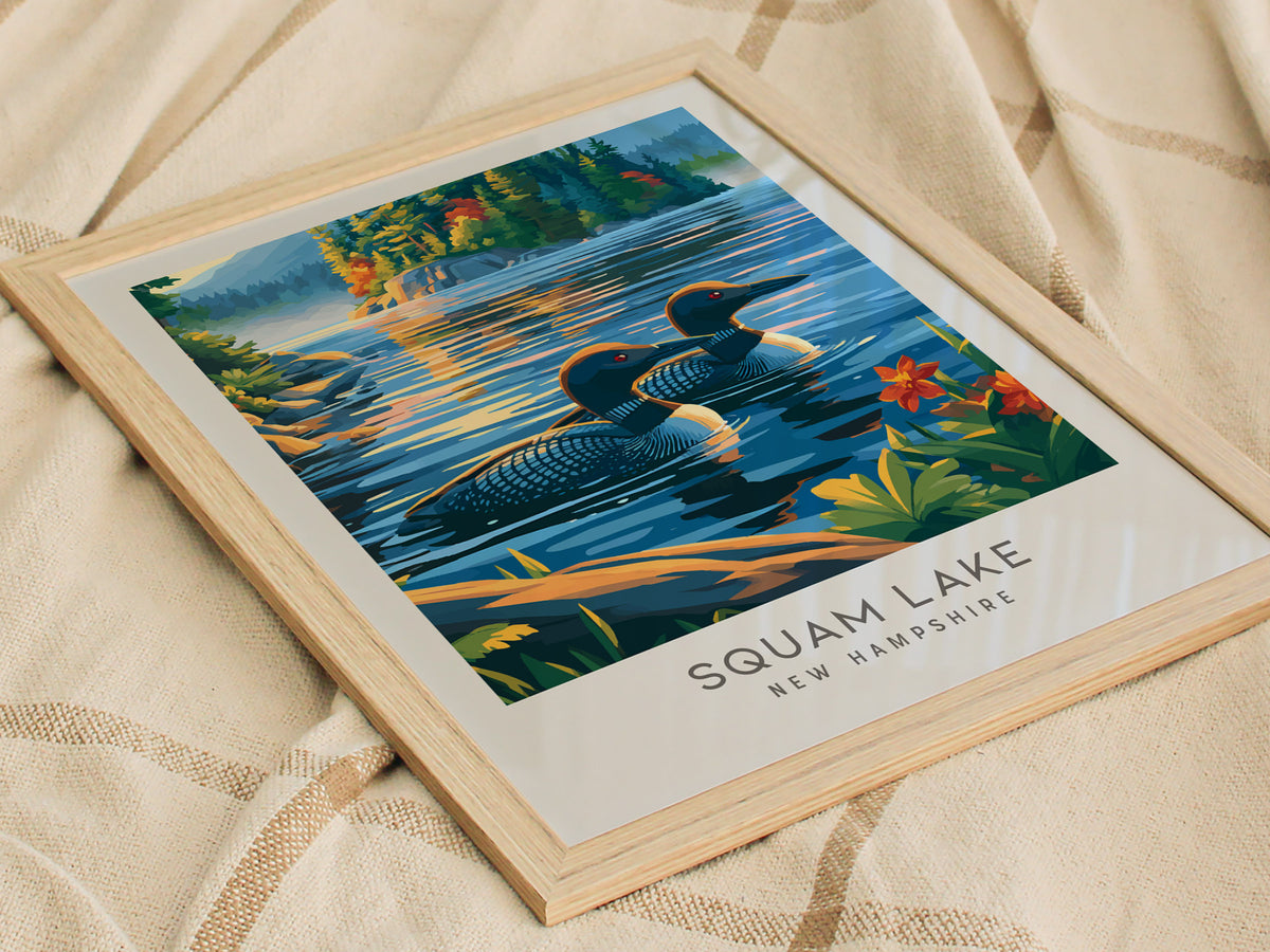 Squam Lake Matte Border Poster | New Hampshire Vacation Wall Art — styled in a modern interior