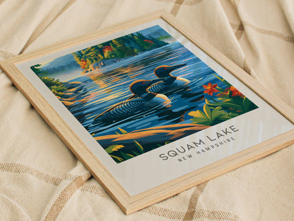 Squam Lake Matte Border Poster | New Hampshire Vacation Wall Art — styled in a modern interior