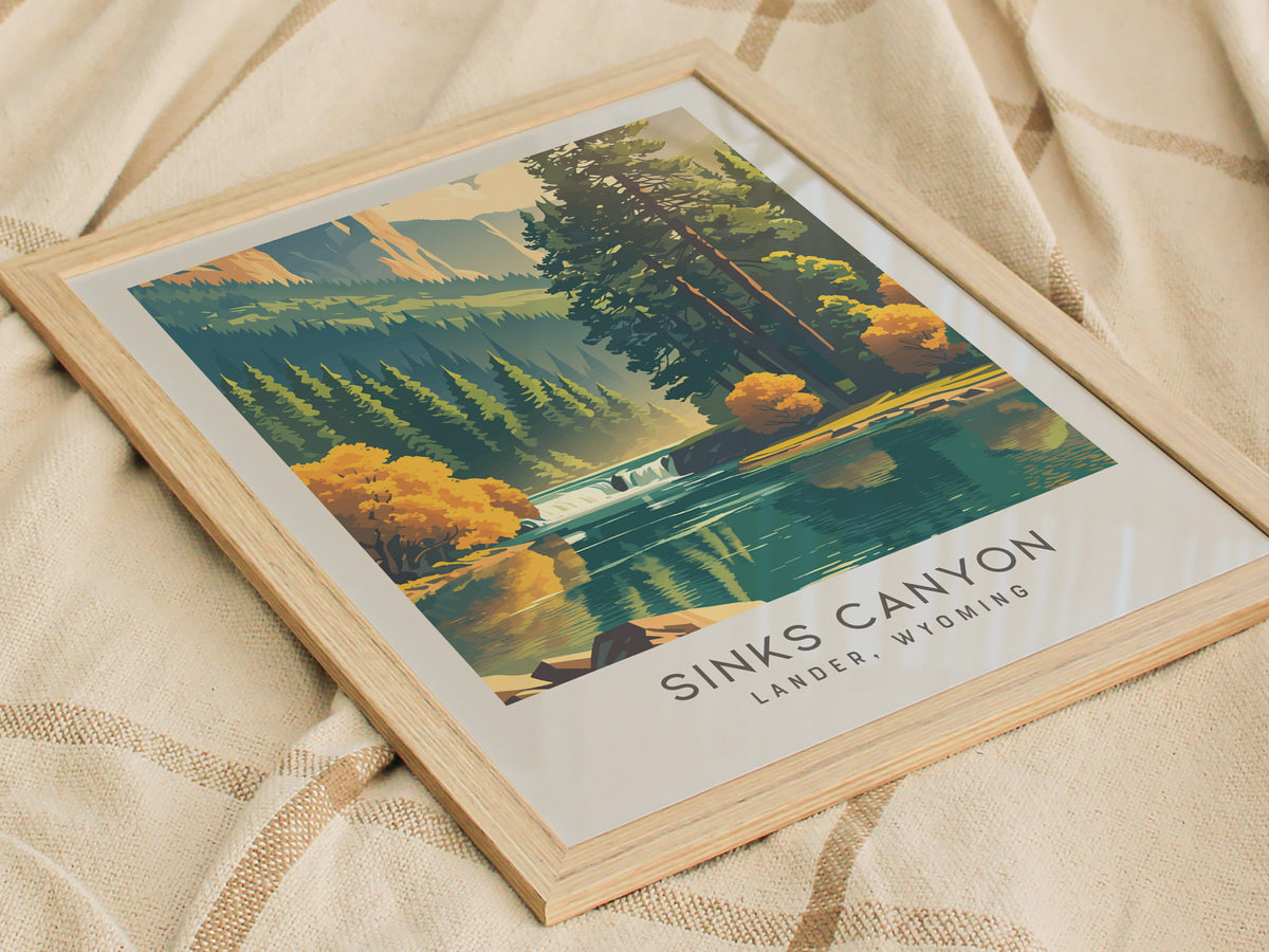 Sinks Canyon Matte Border Poster | Lander, Wyoming Travel Wall Art — styled in a modern interior