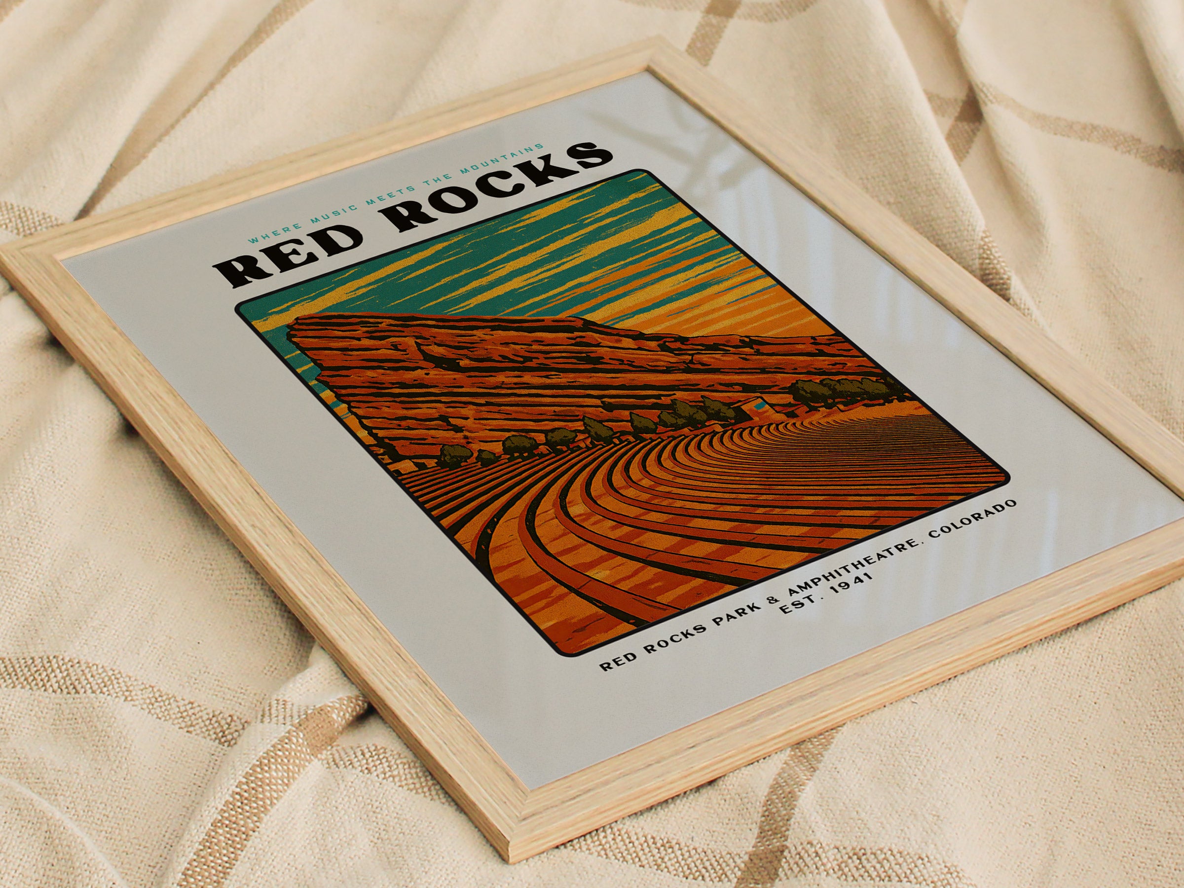 Red Rocks Amphitheatre Poster | Vintage Colorado Block Print Art