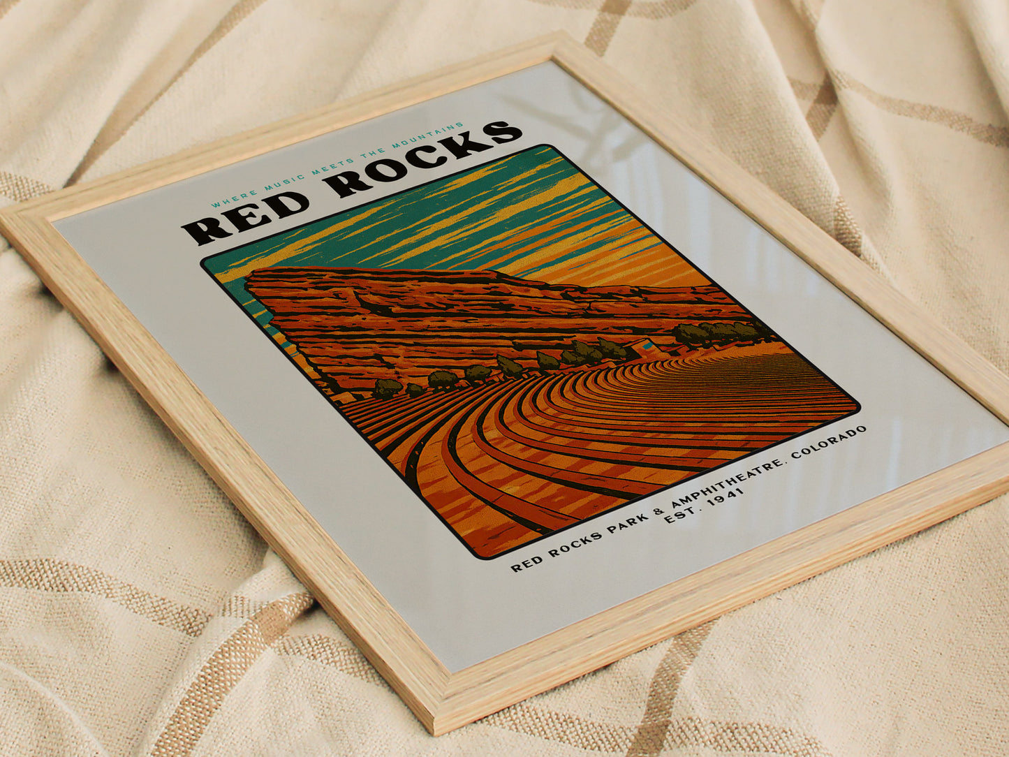 Red Rocks Amphitheatre Poster | Vintage Colorado Block Print Art