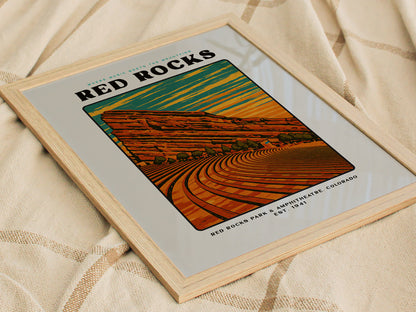 Red Rocks Amphitheatre Poster | Vintage Colorado Block Print Art