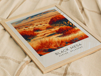 Black Mesa Matte Border Poster | Kenton, Oklahoma Destination Print Travel Wall Art — styled in a modern interior