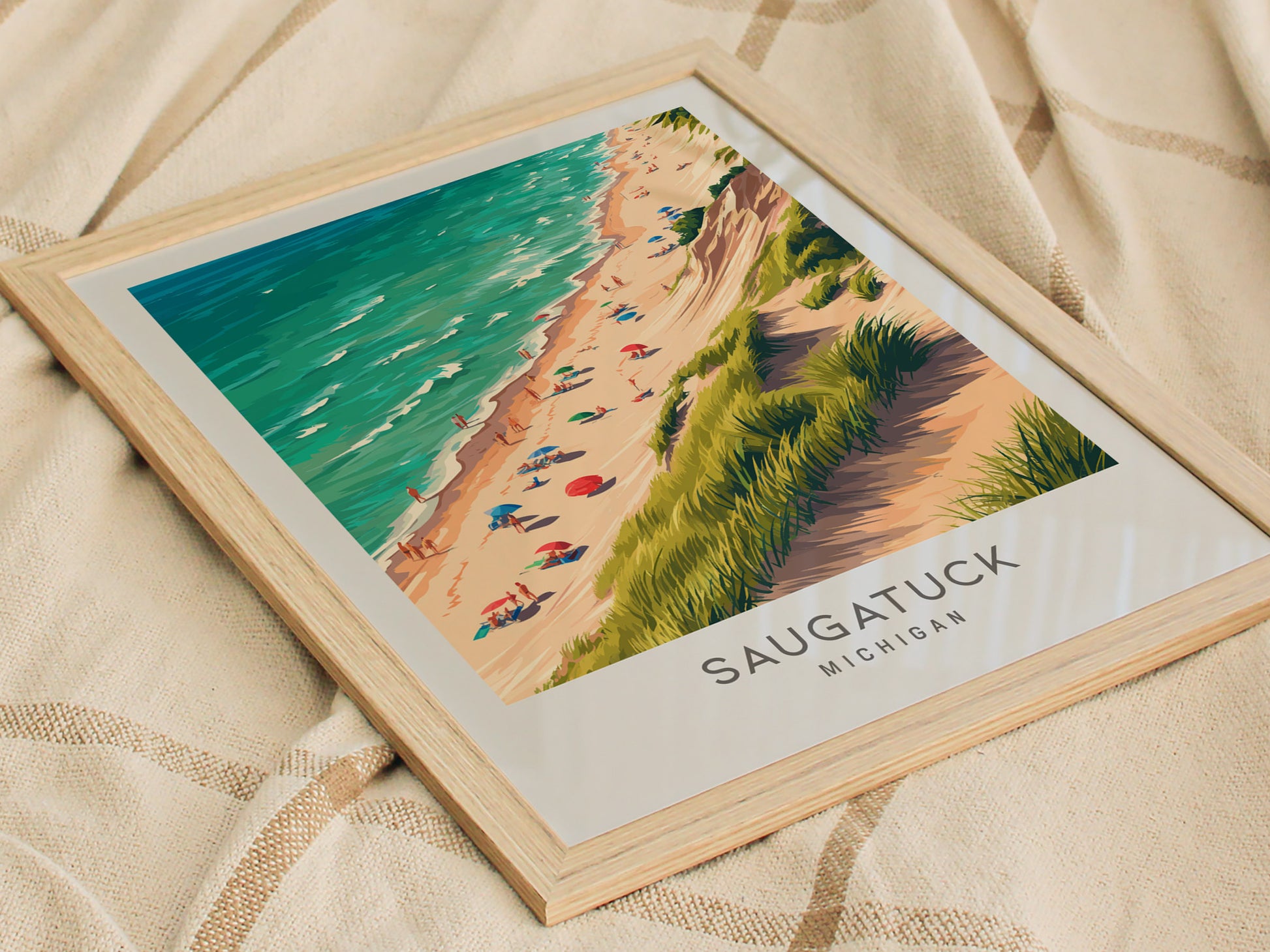Saugatuck Matte Border Poster | Michigan Coastal Beach Decor Travel Wall Art — styled in a modern interior