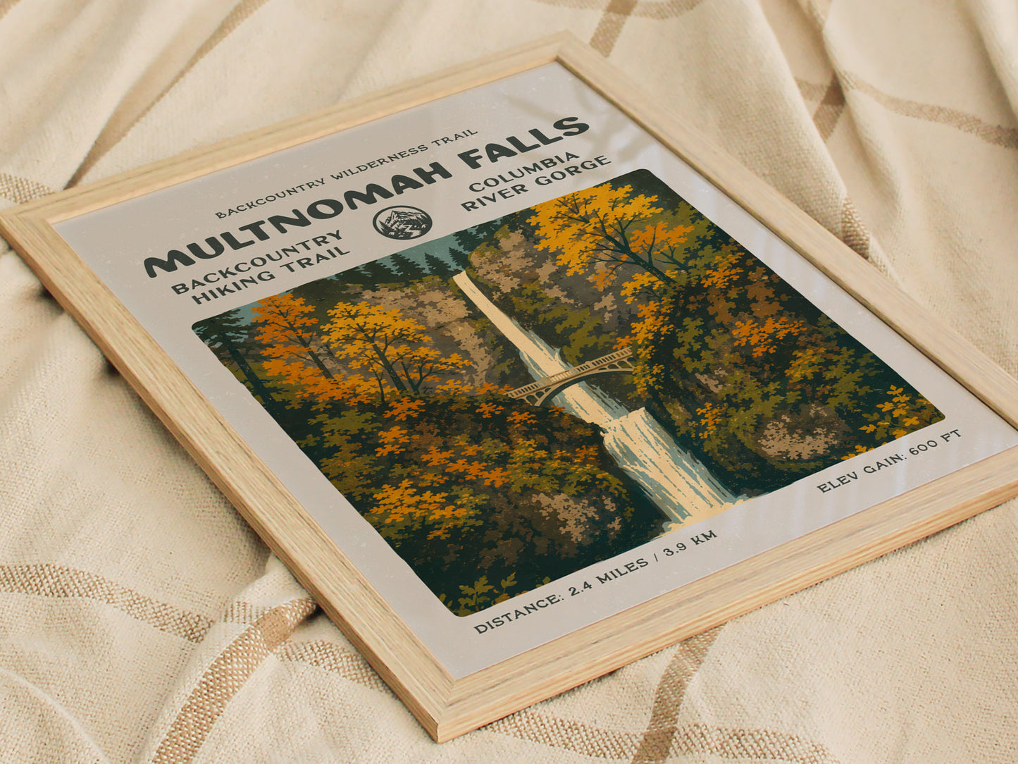 Multnomah Falls Poster | Oregon Waterfall Wall Art Print — styled in a modern interior