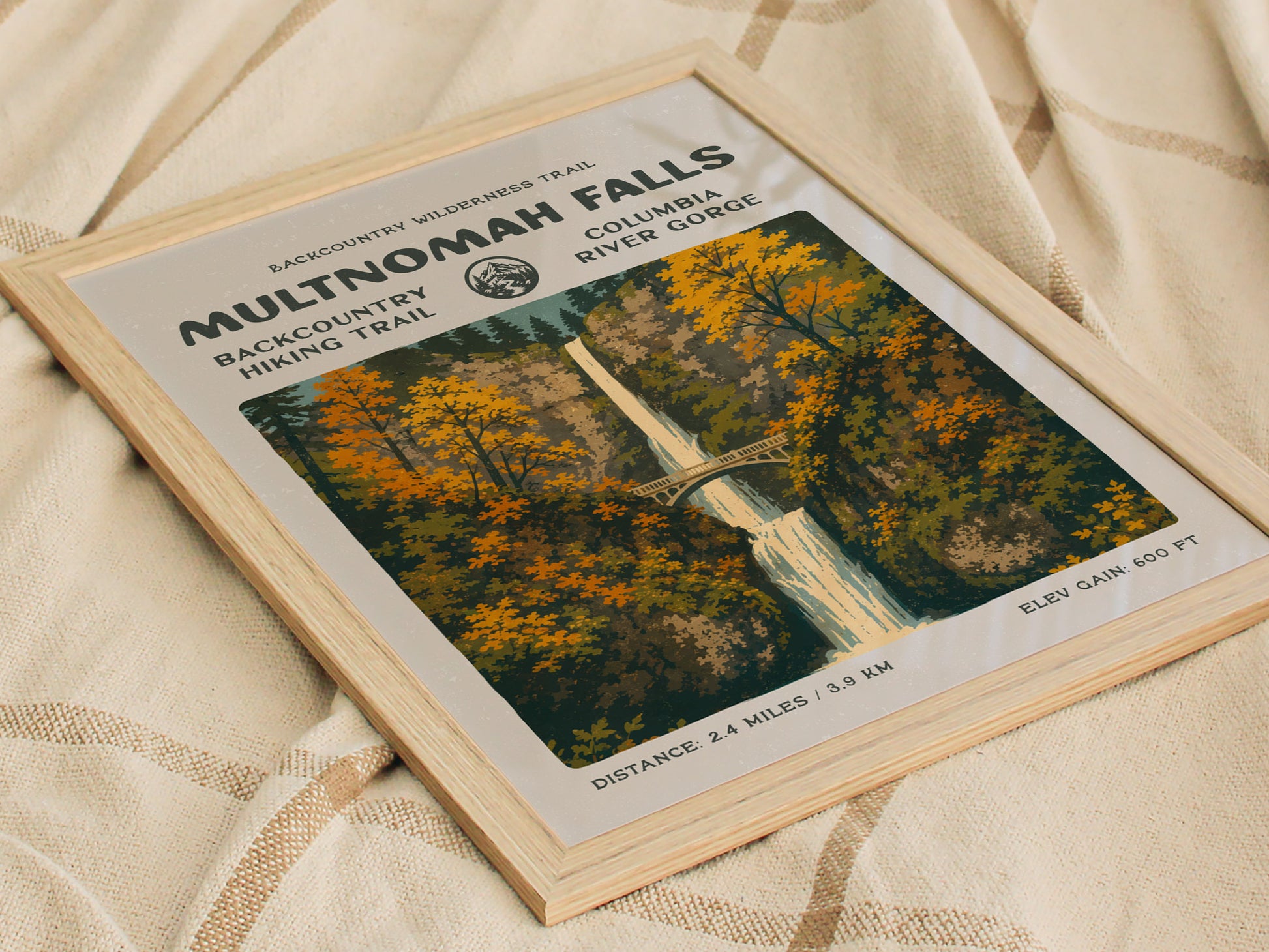 Multnomah Falls Poster | Oregon Waterfall Wall Art Print — styled in a modern interior