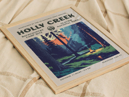 Holly Creek, Glacier National Park Poster | Hiker Gift | Backcountry Trail Wall Art — styled in a modern interior