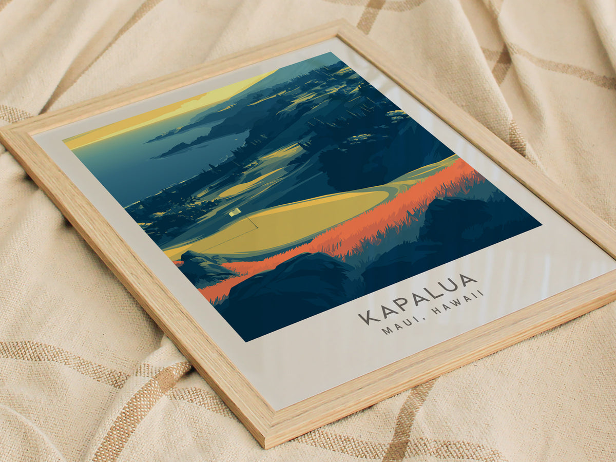 Kapalua Matte Border Poster | Maui, Hawaii Golf Course Print Travel Wall Art — styled in a modern interior