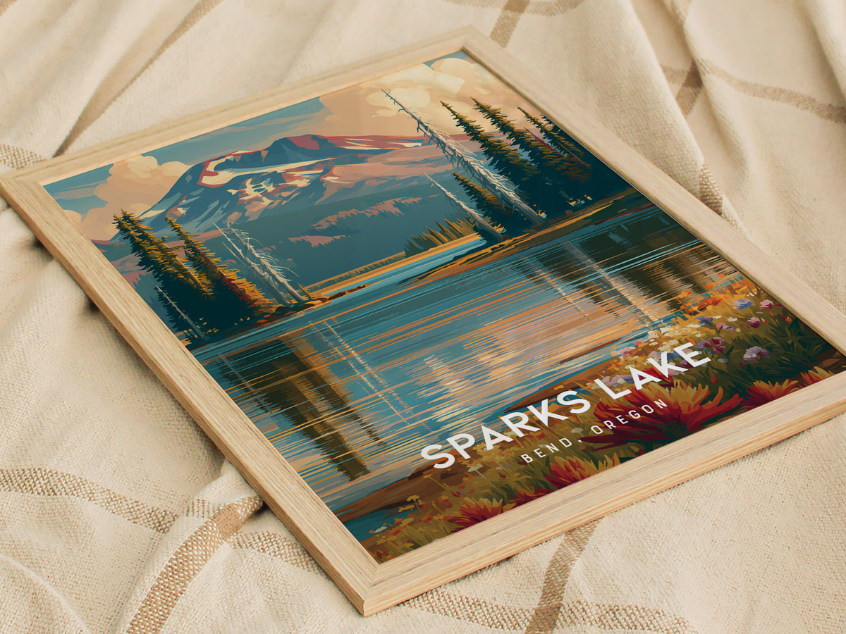 Sparks Lake, Bend, Oregon Poster | Mountain Reflections Vacation Wall Art — styled in a modern interior