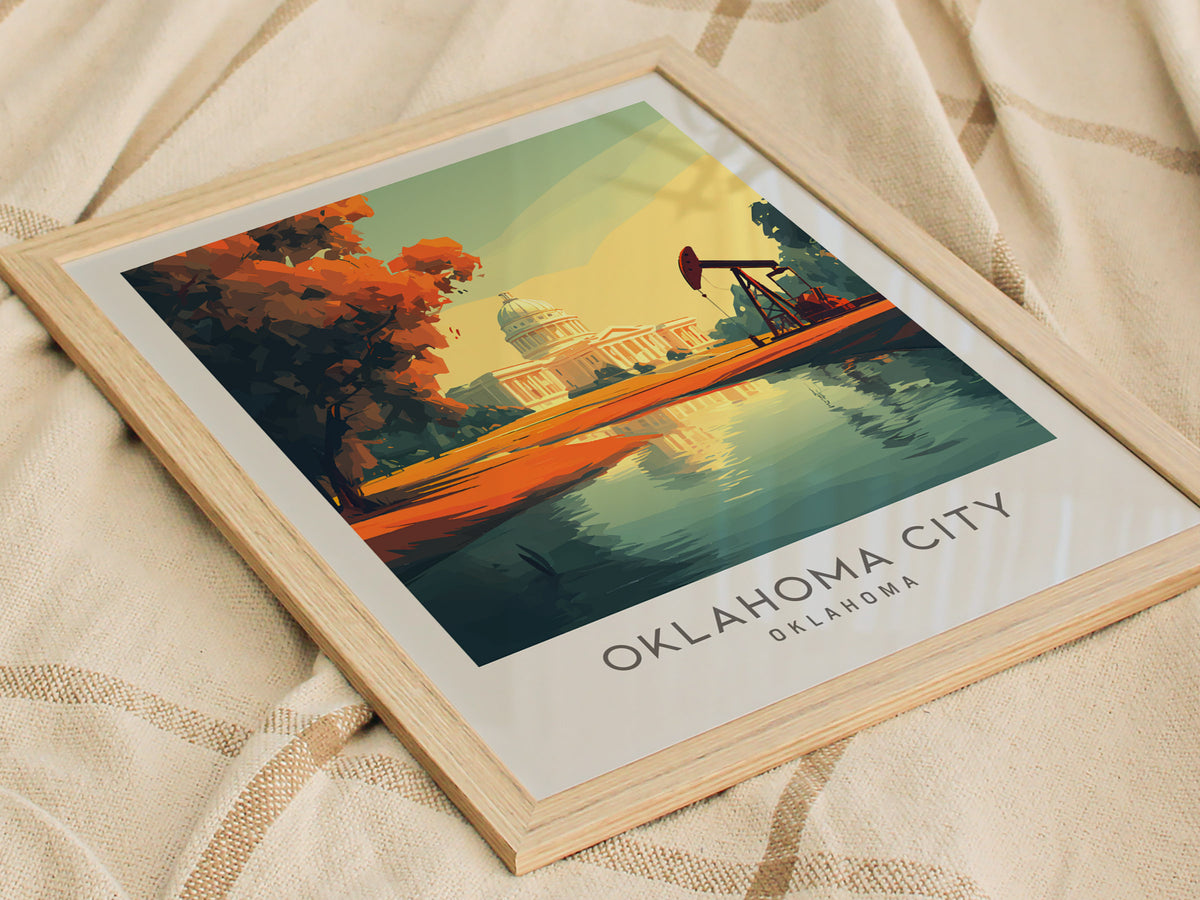 Oklahoma City Matte Border Poster | Oklahoma Destination Print Travel Wall Art — styled in a modern interior