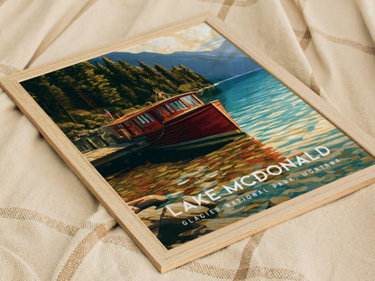Lake McDonald, Glacier National Park, Montana Poster | Mountain Lake Reflections Destination Print Wall Art — styled in a mod
