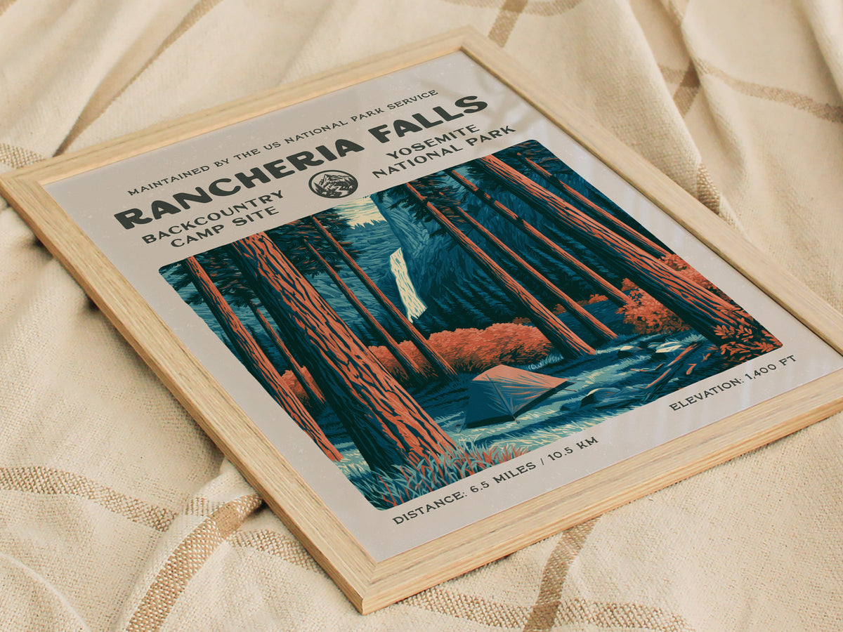 Rancheria Falls, Yosemite National Park Poster | Hiker Gift | Backcountry Trail Wall Art — styled in a modern interior
