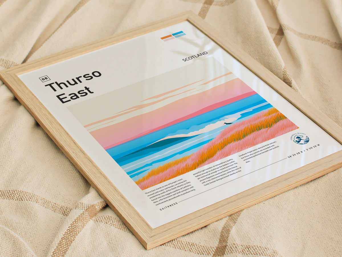 Thurso East, Scotland Poster | Rugged Surf Break Coastal Poster Wall Art — styled in a modern interior