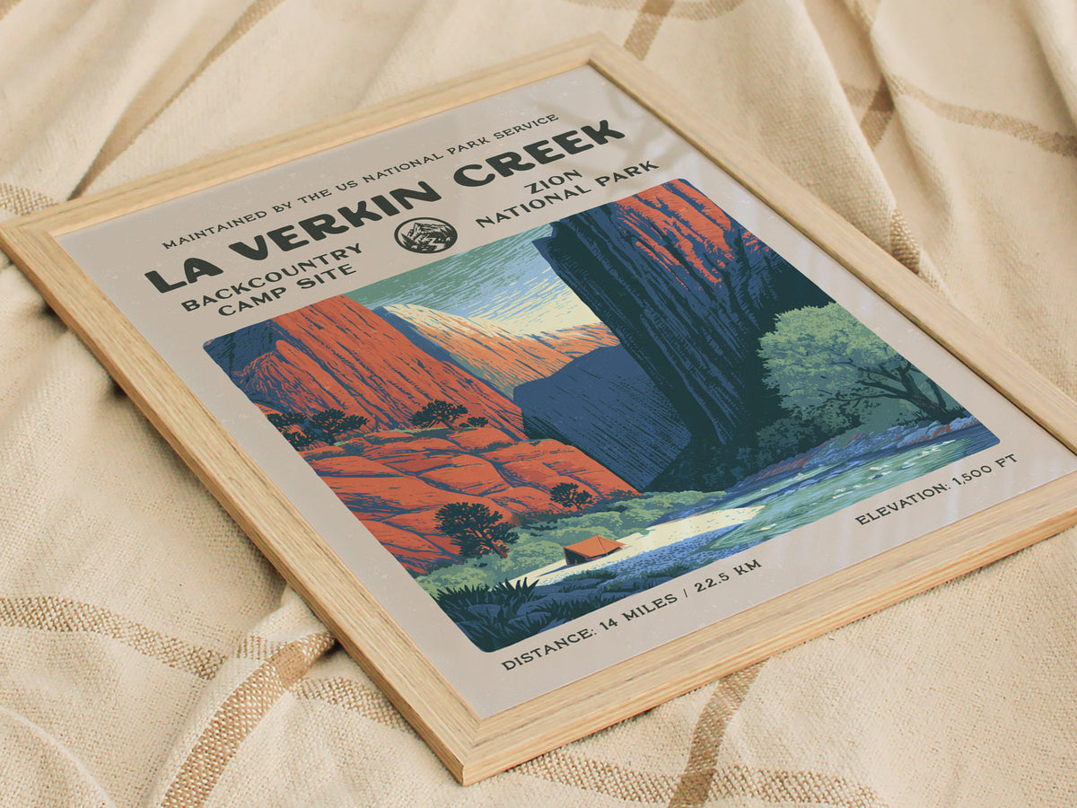 La Verkin Creek, Zion National Park Poster | Hiker Gift | Backcountry Trail Wall Art — styled in a modern interior