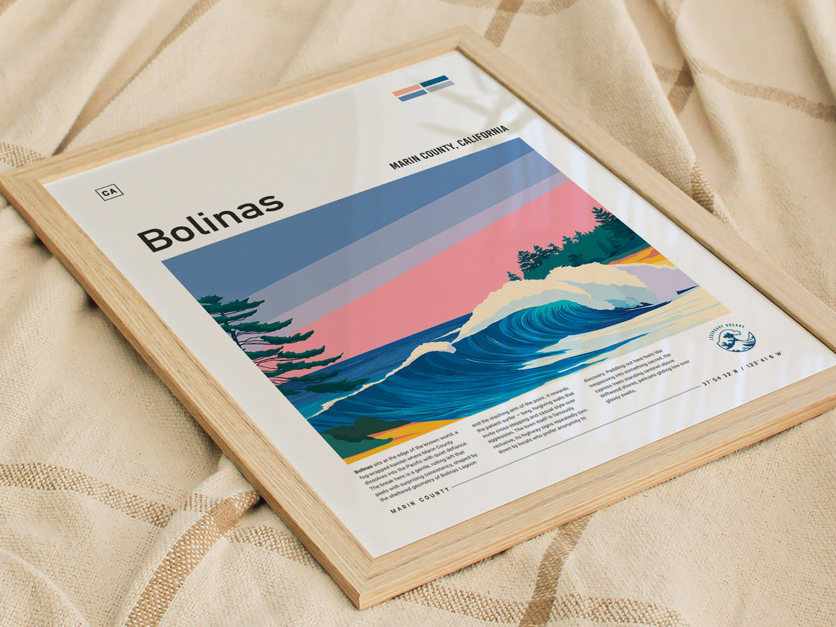 Bolinas, Marin County, California Poster | Misty Cliffs & Surf Wall Art — styled in a modern interior