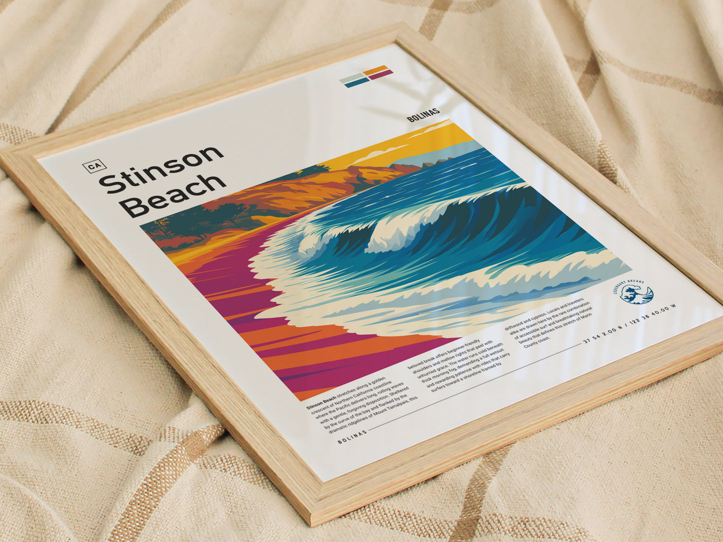 Stinson Beach, California Poster | Golden Coast Surf & Sunset Wall Art — styled in a modern interior