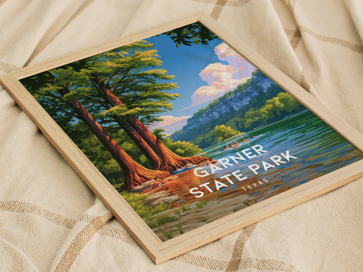 Garner State Park, Texas Poster | Hill Country River Destination Print Wall Art — styled in a modern interior