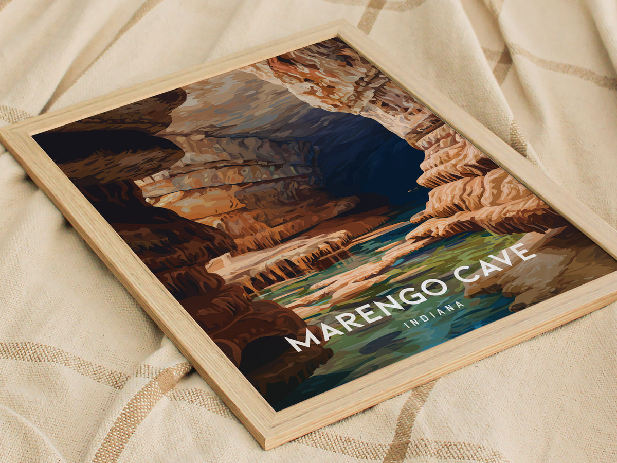 Marengo Cave, Indiana Poster | Underground Adventure Destination Print Wall Art — styled in a modern interior