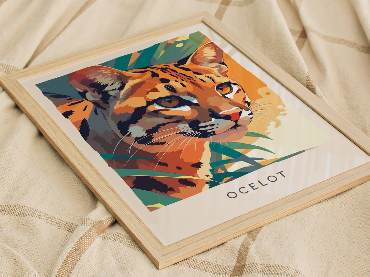 Ocelot, Leopardus Pardalis Poster | Wild Jungle Cat Nature Poster Wall Art — styled in a modern interior