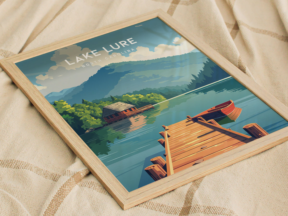 Lake Lure, North Carolina Poster | Mountain Lake Destination Print Wall Art — styled in a modern interior
