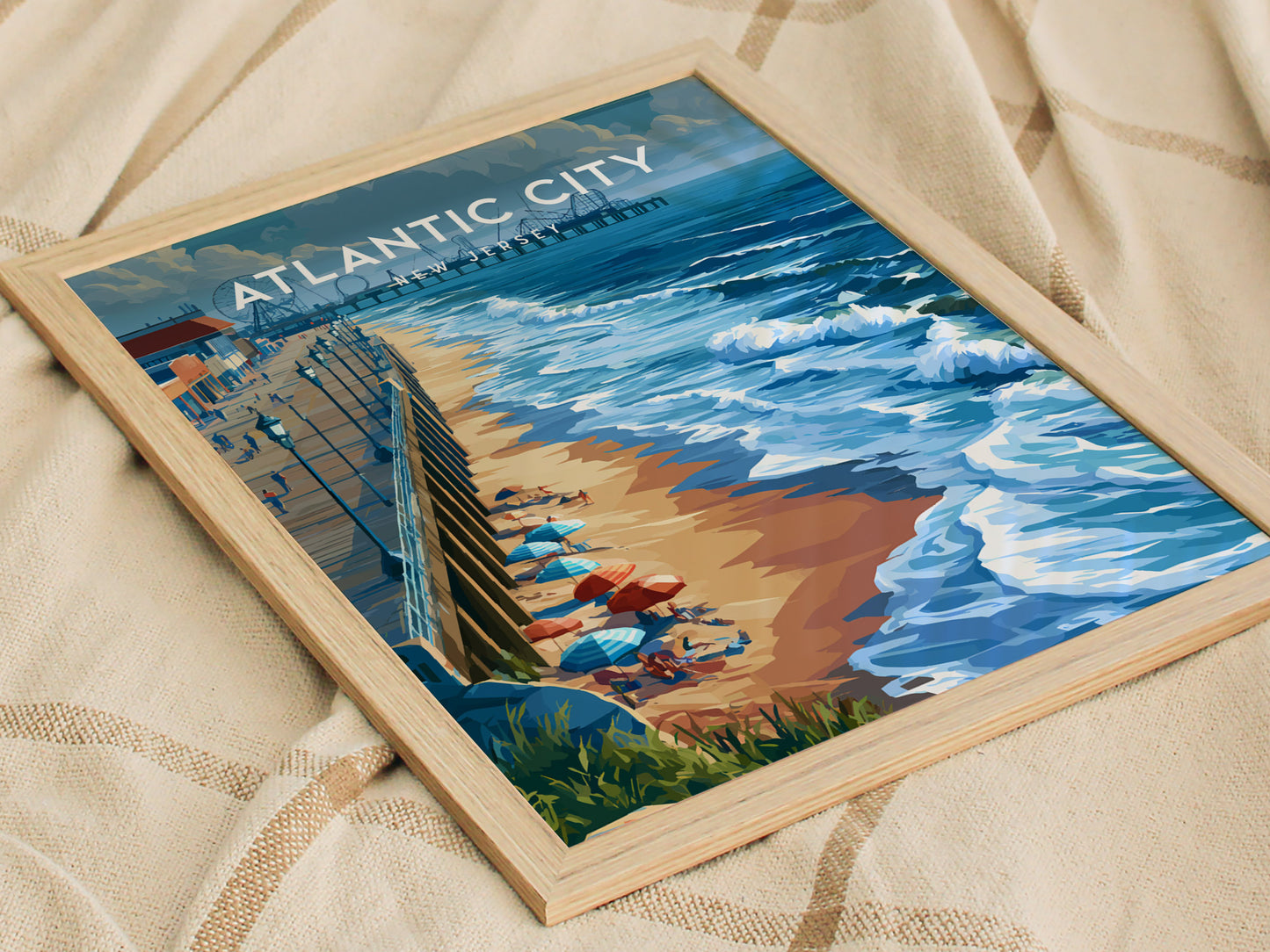 Atlantic City, New Jersey Poster | Boardwalk & Steel Pier Coastal Wall Art — styled in a modern interior