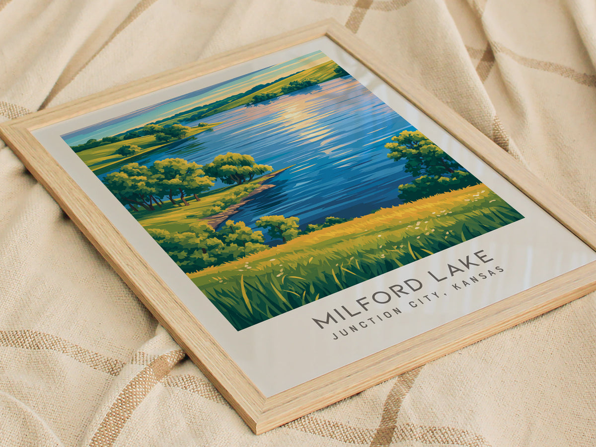 Milford Lake Matte Border Poster | Junction City, Kansas Travel Wall Art — styled in a modern interior