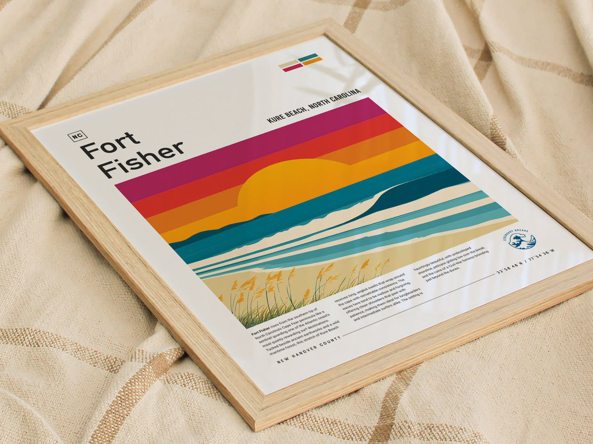 Fort Fisher, Kure Beach, North Carolina Poster | Surf Wall Art & Coastal Waves Print — styled in a modern interior