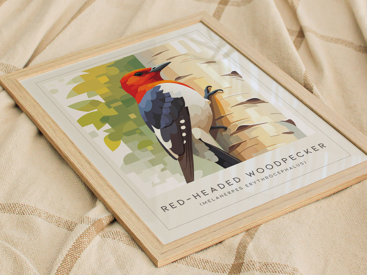 Red-headed Woodpecker, Melanerpes erythrocephalus Poster | Bold Bird Wall Art Nature Print — styled in a modern interior