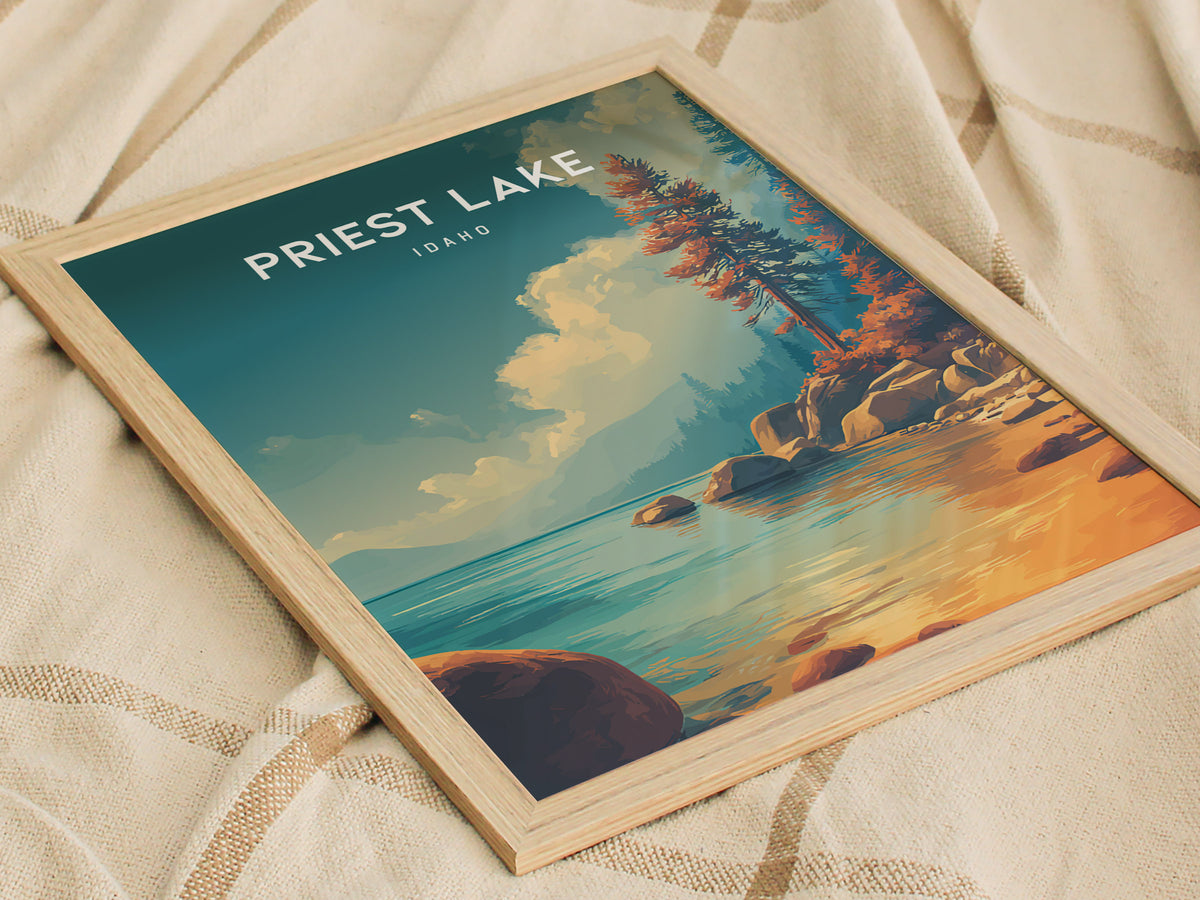 Priest Lake, Idaho Poster | Mountain Lake Retreat Framed or Unframed Wall Art — styled in a modern interior