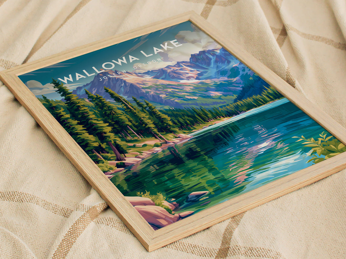 Wallowa Lake, Joseph, Oregon Poster | Mountain Lodge Destination Print Wall Art — styled in a modern interior