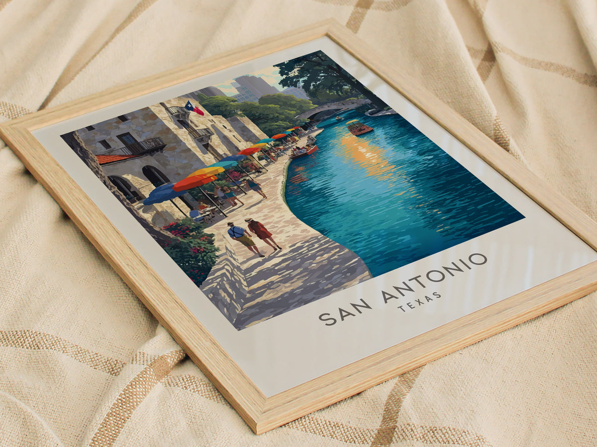San Antonio River Walk Matte Border Poster | Texas Travel Wall Art — styled in a modern interior
