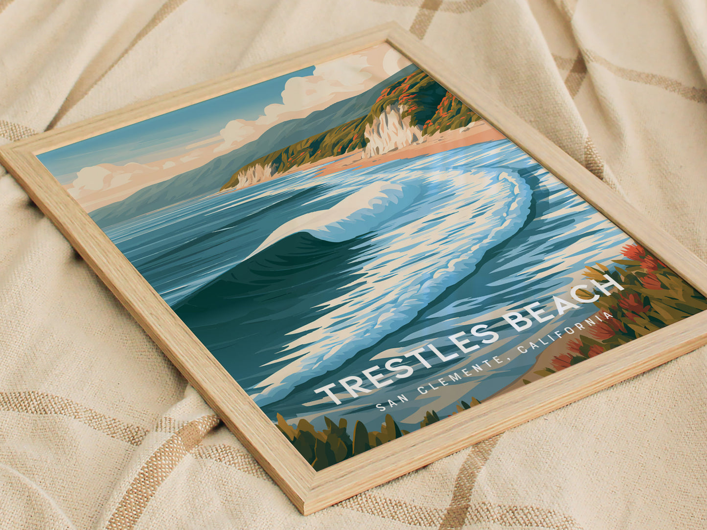 Trestles Beach, California Poster | Golden Hour Surf Break Wall Art — styled in a modern interior