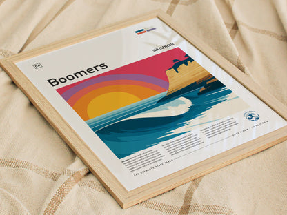 Boomers, California Poster | Golden Surf Break Barrel Wave Wall Art — styled in a modern interior